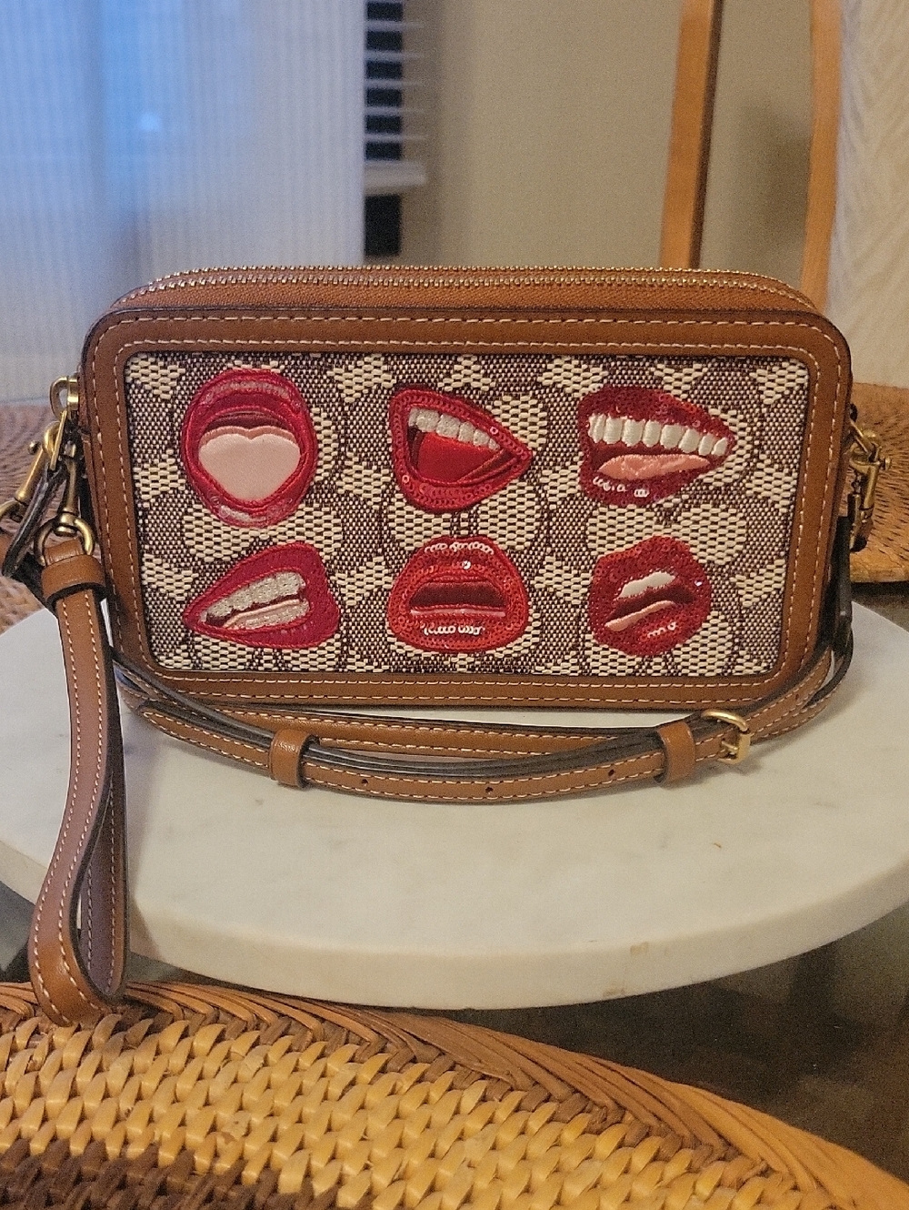 Coach X Tom Wesselmann Brown Canvas Signature Crossbody with Red Lip Appliqués